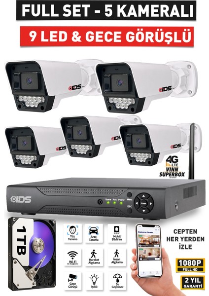 5 Kameralı Gece Görüşlü 5mp Lensli Fullhd Gece Görüşlü 9 LED Kamerası Seti - 1tb