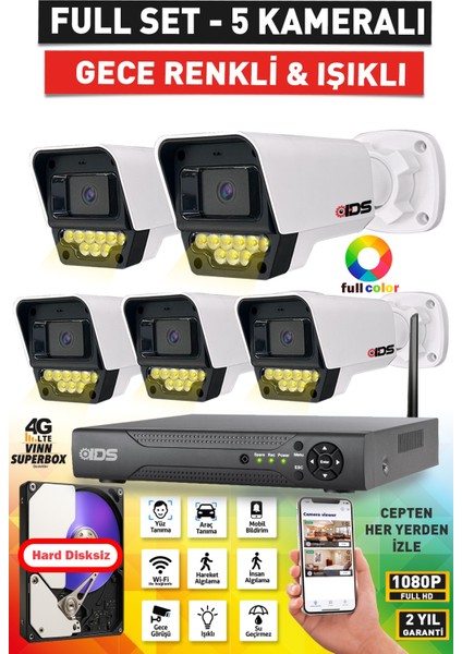 5 Kameralı Renkli Gece Görüşlü 5mp Lensli Fullhd Gece Görüşlü 9 LED Kamerası Seti - Nohdd