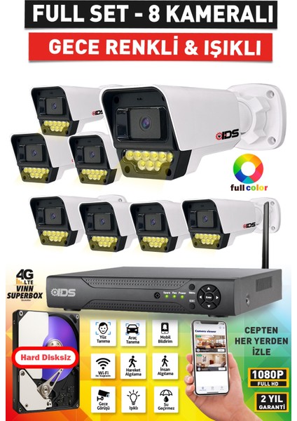 8 Kameralı 5mp Lensli 1080P Fullhd Renkli Gece Görüşlü 9 LED Güvenlik Kamerası Seti - Nohdd