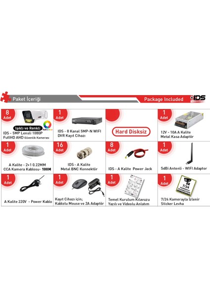 8 Kameralı 5mp Lensli 1080P Fullhd Renkli Gece Görüşlü 9 LED Güvenlik Kamerası Seti - Nohdd fiyatları