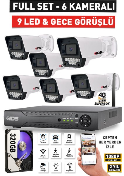 6 Kameralı 5mp Lensli Fullhd 1080P Gece Görüşlü Güvenlik Kamerası Seti 9 LED - 320GB