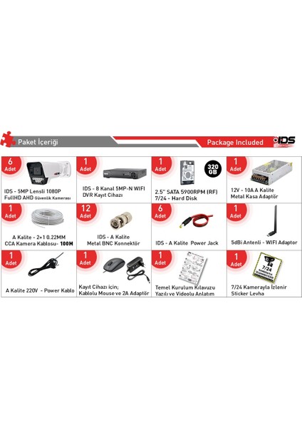 6 Kameralı 5mp Lensli Fullhd 1080P Gece Görüşlü Güvenlik Kamerası Seti 9 LED - 320GB fiyatları