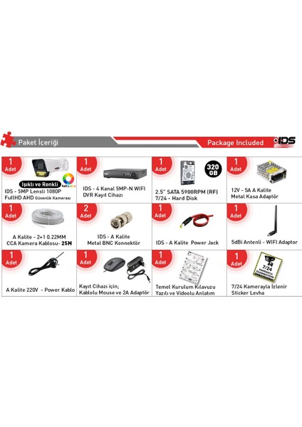 1 Kameralı 1080P Fullhd 5mp Lensli Renkli Gece Görüşlü Güvenlik Kamerası Seti - 320GB fiyatları