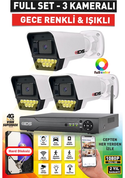 3 Kameralı 9 LED Renkli Gece Görüşlü Fullhd Güvenlik Kamerası Seti - Cepten Izle - Nohdd