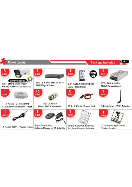 8 Kameralı 5mp Lensli 1080P Fullhd Renkli Gece Görüşlü 9 LED Güvenlik Kamerası Seti - 320GB fiyatları