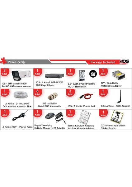 3 Kameralı 9 LED Gece Görüşlü Fullhd Güvenlik Kamerası Seti - Cepten Izle - 250GB fiyatları