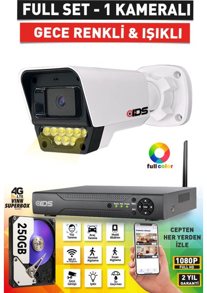 1 Kameralı 1080P Fullhd 5mp Lensli Renkli Gece Görüşlü Güvenlik Kamerası Seti - 250GB