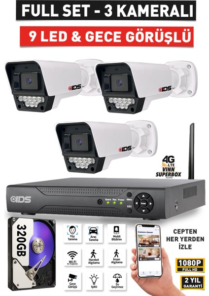 3 Kameralı 9 LED Gece Görüşlü Fullhd Güvenlik Kamerası Seti - Cepten Izle - 320GB