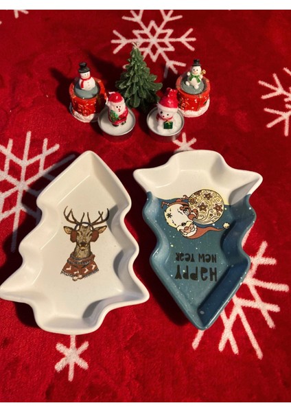 Yılbaşı Temalı 2'li Seramik Sunum Tabağı, 17X12 Cm, Geyikli ve Noel Babalı fiyatları