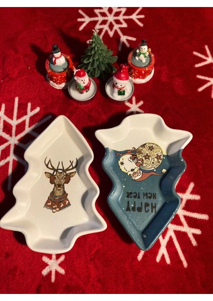 Yılbaşı Temalı 2'li Seramik Sunum Tabağı, 17X12 Cm, Geyikli ve Noel Babalı modelleri