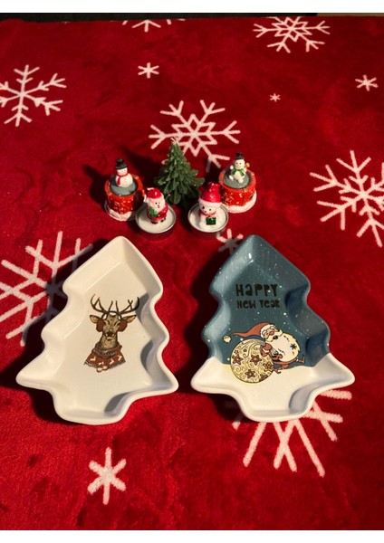 Yılbaşı Temalı 2'li Seramik Sunum Tabağı, 17X12 Cm, Geyikli ve Noel Babalı fırsatları