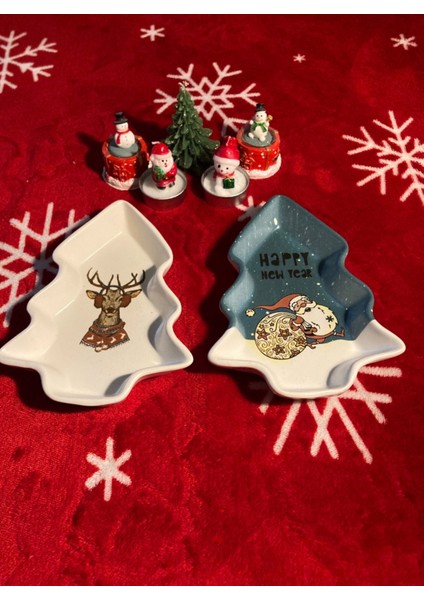 Yılbaşı Temalı 2'li Seramik Sunum Tabağı, 17X12 Cm, Geyikli ve Noel Babalı indirimleri