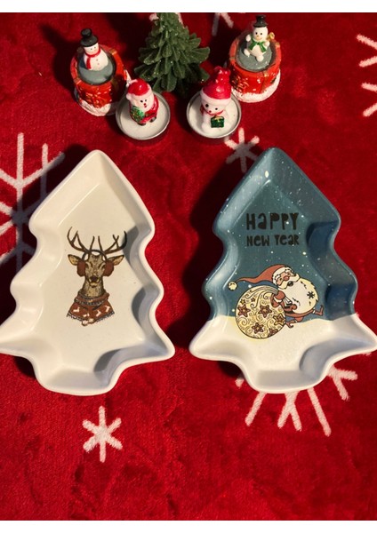 Yılbaşı Temalı 2'li Seramik Sunum Tabağı, 17X12 Cm, Geyikli ve Noel Babalı