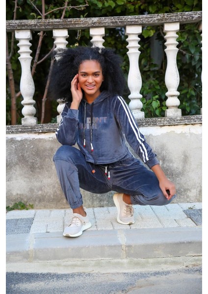 Kadın Kadife Kapşonlu Eşofman Takım Gri indirimleri