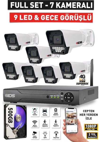 7 Kameralı 1080P Fullhd 5mp Lensli 9 LED Gece Görüşlü Güvenlik Kamerası Seti - 500GB