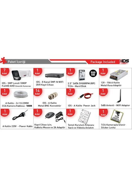 7 Kameralı 1080P Fullhd 5mp Lensli 9 LED Gece Görüşlü Güvenlik Kamerası Seti - 500GB fiyatları