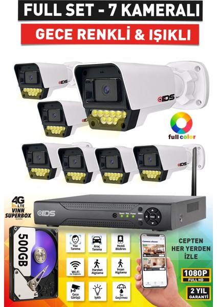 7 Kameralı 1080P Fullhd 5mp Lensli 9 LED Renkli Gece Görüşlü Güvenlik Kamerası Seti - 500GB