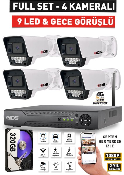 4 Kameralı Fullhd 5mp Lensli Gece Görüşlü 9 LED Güvenlik Kamerası Seti - 320GB