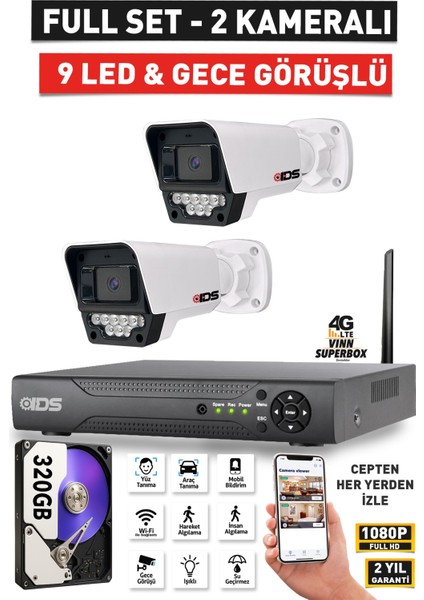 2 Kameralı Fullhd Güvenlik Kamerası Seti - Gece Görüşlü 9 LED - Cepten Izle - 320GB