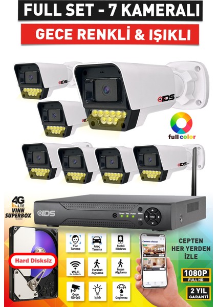 7 Kameralı 1080P Fullhd 5mp Lensli 9 LED Renkli Gece Görüşlü Güvenlik Kamerası Seti - Nohdd