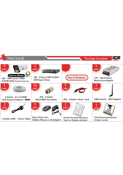 7 Kameralı 1080P Fullhd 5mp Lensli 9 LED Renkli Gece Görüşlü Güvenlik Kamerası Seti - Nohdd fiyatları