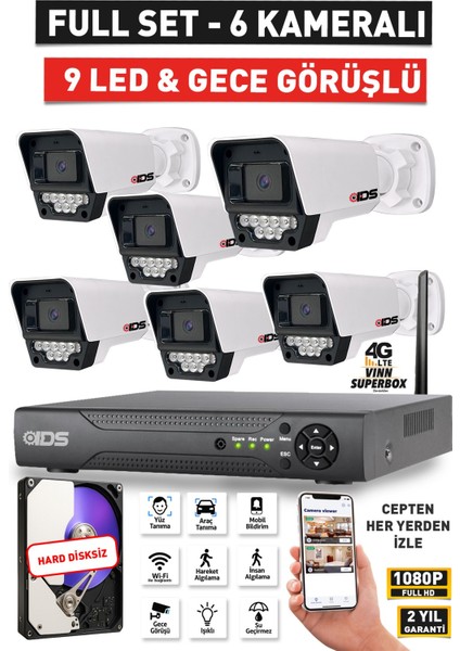 6 Kameralı 5mp Lensli Fullhd 1080P Gece Görüşlü Güvenlik Kamerası Seti 9 LED - Hard Disksiz