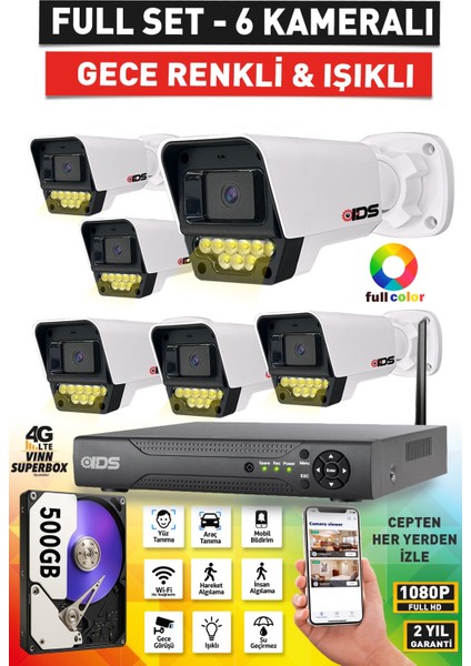 6 Kameralı 5mp Lensli Fullhd 1080P Renkli Gece Görüşlü Güvenlik Kamerası Seti 9 LED - 500GB
