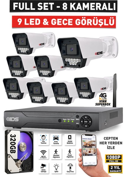 8 Kameralı 5mp Lensli 1080P Fullhd - Gece Görüşlü 9 LED Güvenlik Kamerası Seti - 320GB