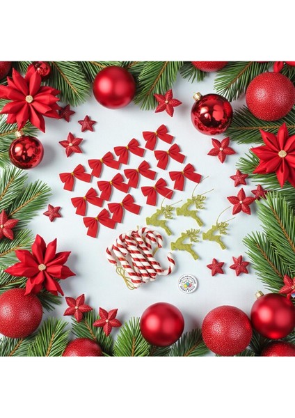 Yılbaşı Süs Seti 22 Parça, Fiyonk, Baston Şeker, Geyik, Renkli ve Şık Dekorasyon