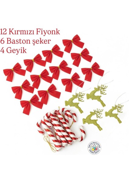 Yılbaşı Süs Seti 22 Parça, Fiyonk, Baston Şeker, Geyik, Renkli ve Şık Dekorasyon fiyatları