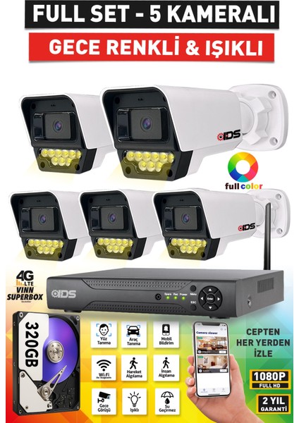 5 Kameralı Renkli Gece Görüşlü 5mp Lensli Fullhd Gece Görüşlü 9 LED Kamerası Seti - 320GB