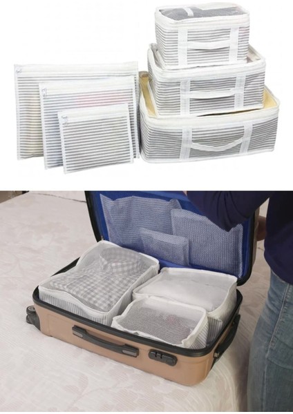 6'lı Set Bavul Organizer Valiz Düzenleyici Seyahat Seti Gri Çizgili