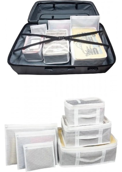 6'lı Set Bavul Organizer Valiz Düzenleyici Seyahat Seti Gri Çizgili modelleri