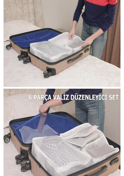 6'lı Set Bavul Organizer Valiz Düzenleyici Seyahat Seti Gri Çizgili