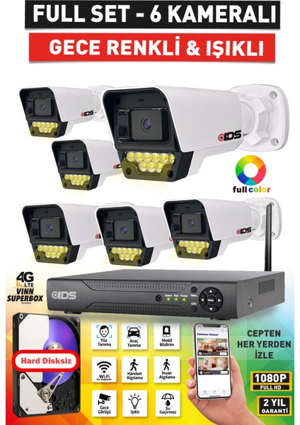 6 Kameralı 5mp Lensli Fullhd 1080P Renkli Gece Görüşlü Güvenlik Kamerası Seti 9 LED - Nohdd