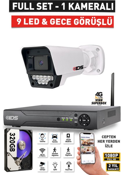 1 Kameralı Fullhd 1080P 5mp Lensli 9 LED Gece Görüşlü Güvenlik Kamerası Seti - 320GB