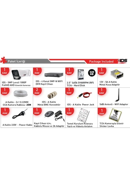 1 Kameralı Fullhd 1080P 5mp Lensli 9 LED Gece Görüşlü Güvenlik Kamerası Seti - 320GB fiyatları