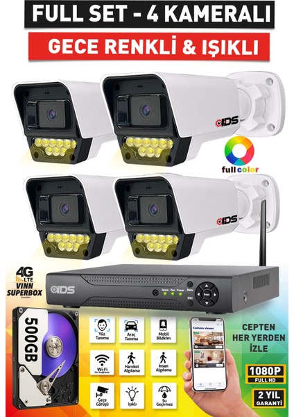 4 Kameralı Fullhd 5mp Lensli Renkli Gece Görüşlü 9 LED Güvenlik Kamerası Seti - 500GB