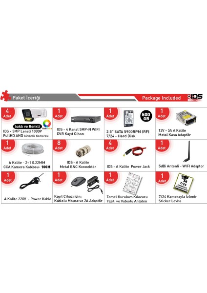 4 Kameralı Fullhd 5mp Lensli Renkli Gece Görüşlü 9 LED Güvenlik Kamerası Seti - 500GB fiyatları