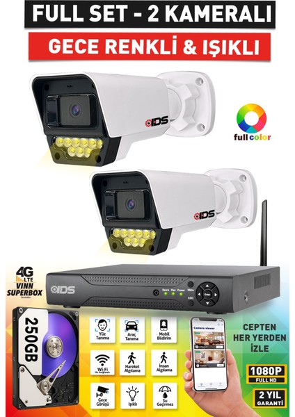 2 Kameralı Fullhd Güvenlik Kamerası Seti - Renkli Gece Görüşlü 9 LED - Cepten Izle - 250GB