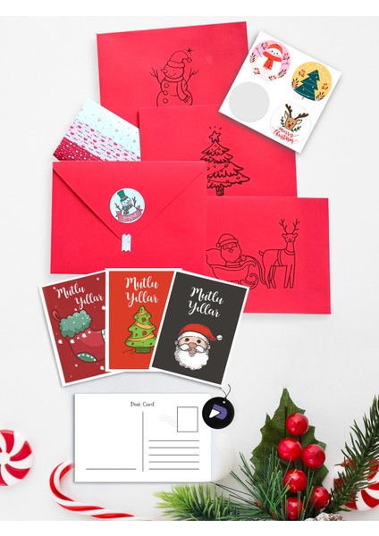 4'lü Yılbaşı Kartpostal Seti, Kırmızı Zarf ve Renkli Tasarımlarla Kutlama Hediyesi fiyatları