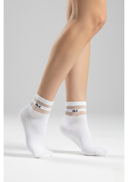 Kadın Kaydırmaz Taban Şeffaf Çizgili Beyaz Yoga ve Pilates Çorabı indirimleri