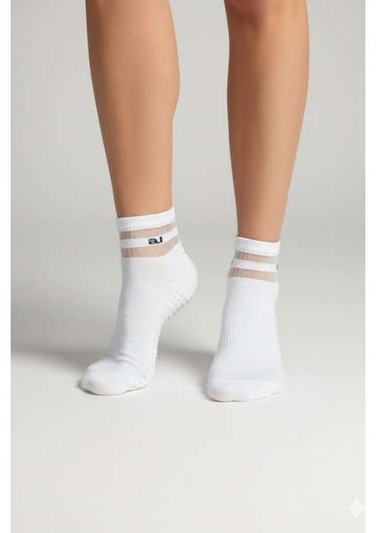 Kadın Kaydırmaz Taban Şeffaf Çizgili Beyaz Yoga ve Pilates Çorabı