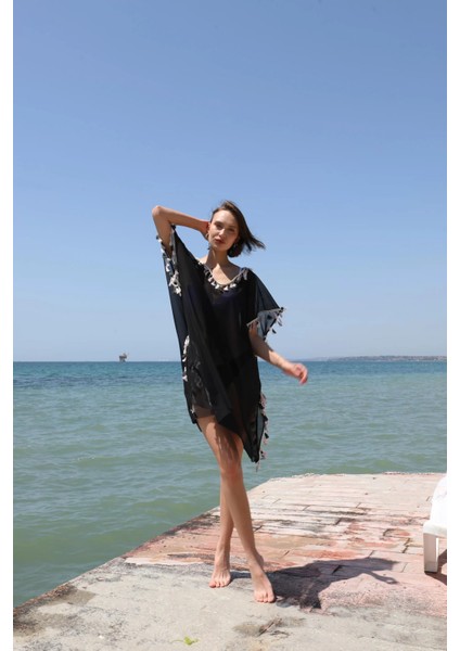 Kadın Püsküllü Tunik Pareo Plaj Elbisesi Siyah fırsatları