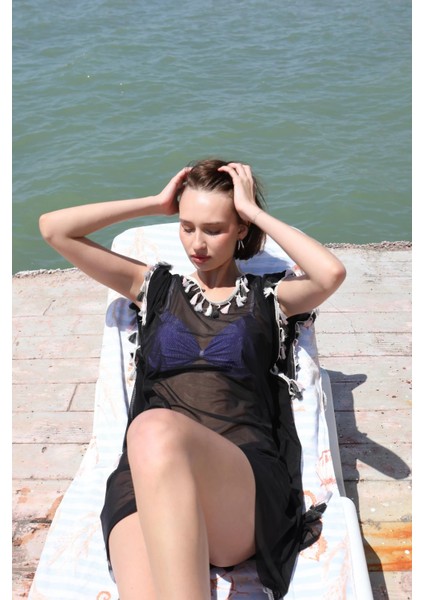 Kadın Püsküllü Tunik Pareo Plaj Elbisesi Siyah indirimleri