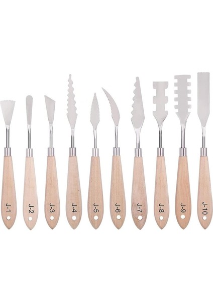Boya Bıçağı Seti - 10 Adet Paslanmaz Çelik Spatula Palet Bıçağı Boyama Aletleri Metal Bıçaklar Ahşap Saplı (Yurt Dışından)