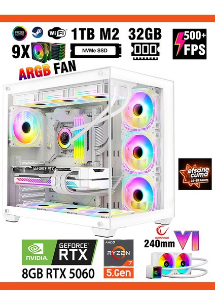 Mirage X50 Pro White Ryzen 7 5700X 32GB 1TB M.2 SSD RTX5060 Sıvı Soğutmalı Oyuncu Bilgisayarı