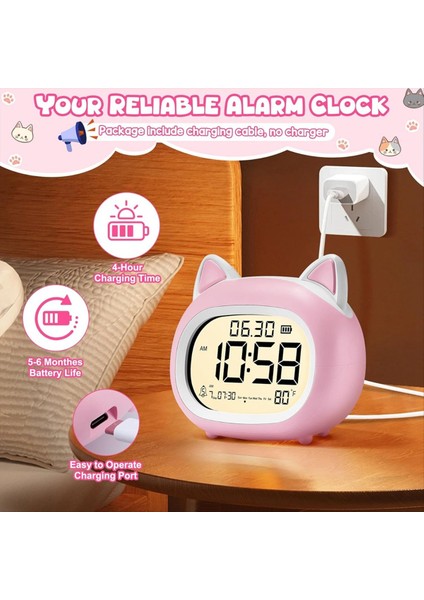 Çocuklar Için Gece Işığı ile Çocuklar Çalar Saat, Yatak Odaları Için Dijital Çalar Saatler, Rutin Inşaatçı, Sevimli Kedi Çalar Saat Pembe (Yurt Dışından) modelleri