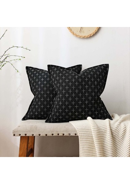 Dekoratif Atış Yastık Kapakları 18X18 Inç Siyah Vintage Kanepe Yastık Kapakları Yastık Kılıfı Dokuma Dokulu Yastık Kılıfları (Yurt Dışından) fiyatları