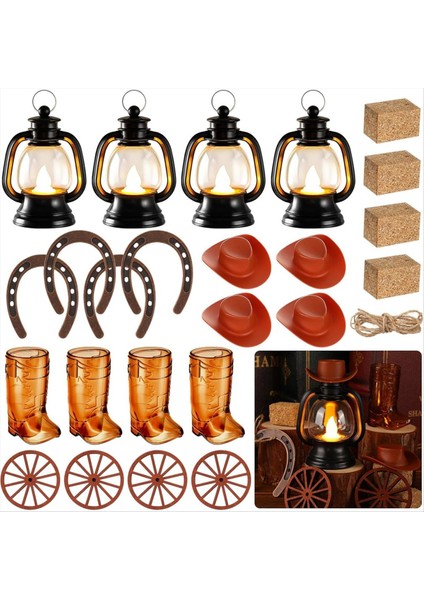 24 Adet Kovboy Tema Parti Dekorasyon Mini Kovboy Şapkası Fener At Nalı Vagon Tekerleği Saman Balyaları Batı Düğün Doğum Günü (Yurt Dışından)